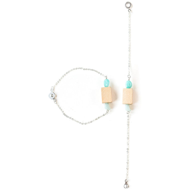Wood and Gemstone Bar Bracelet on Silver Chain