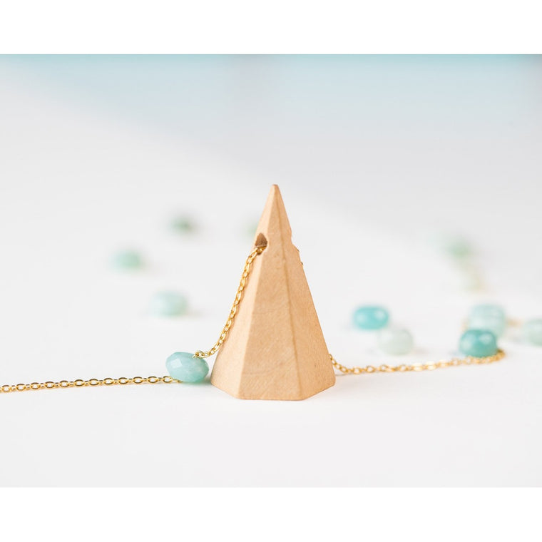 Mountain Wood and Gemstone Pendant on Gold Chain - Tittup Unique Aromatherapy & Jewellery