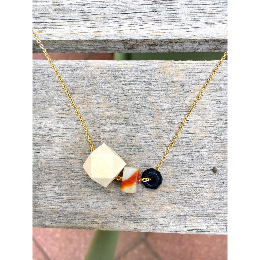 Wood, Flat Gemstone Bead and Black Onyx on Gold Chain - Tittup Unique Aromatherapy & Jewellery