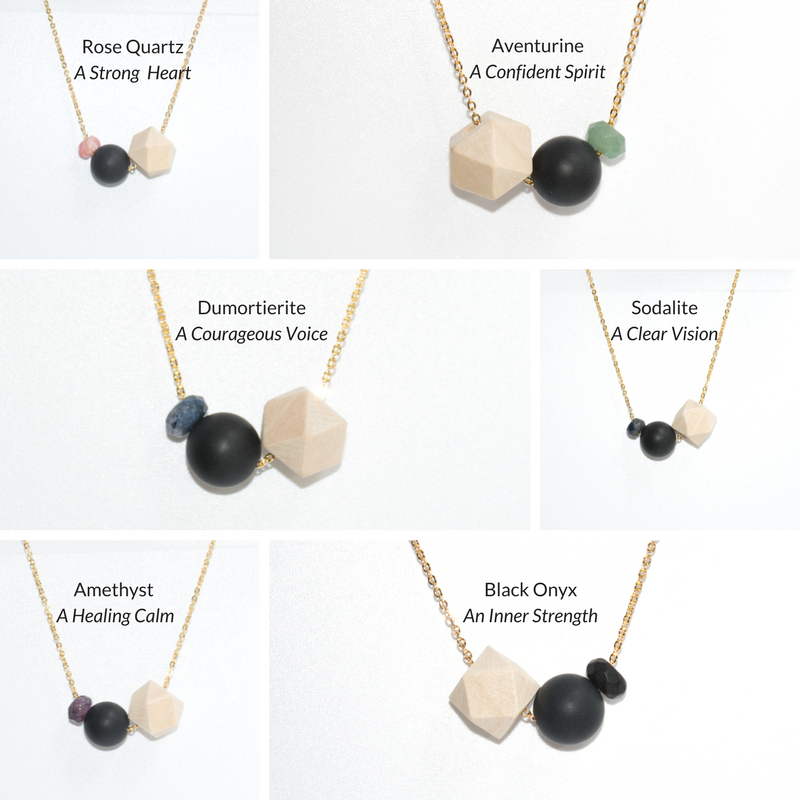 Wood, Black Agate and Gemstone Bead on Gold Chain - Tittup Unique Aromatherapy & Jewellery