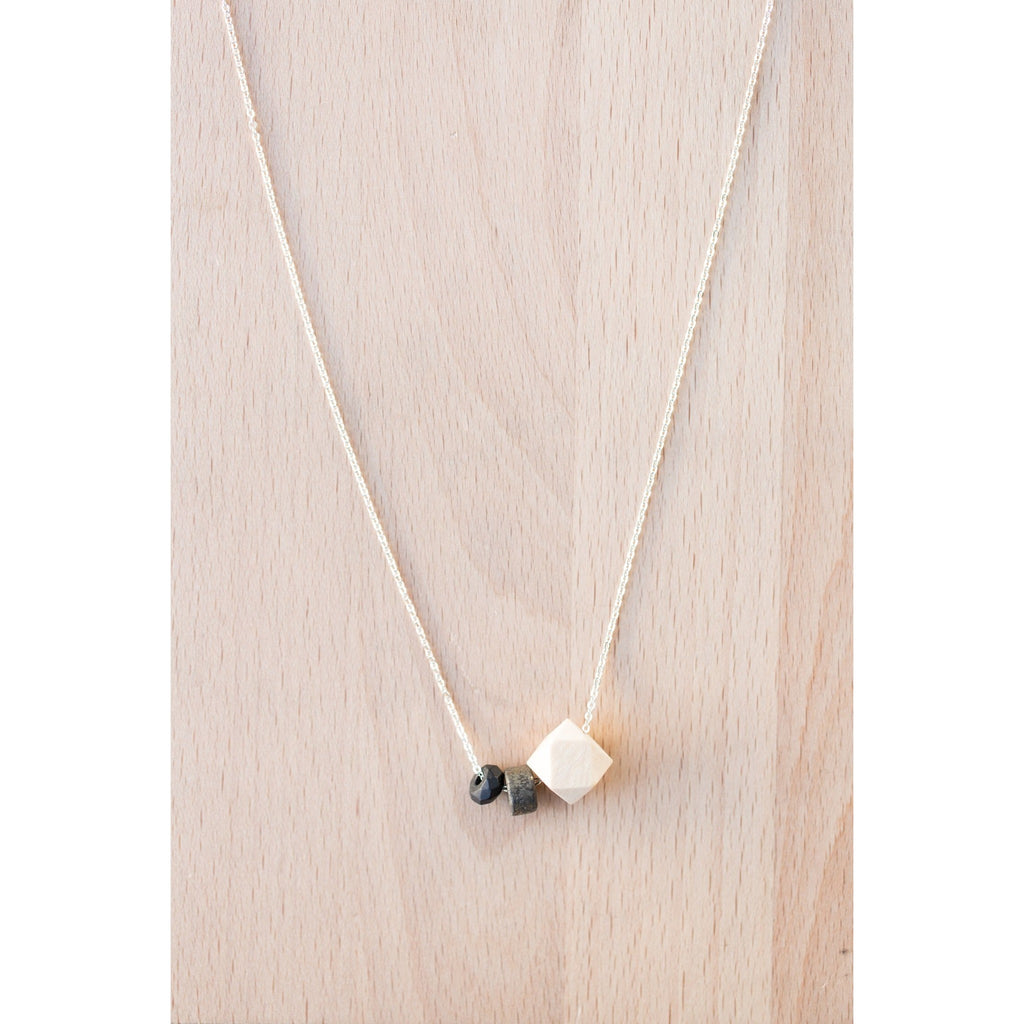 Wood, Flat Gemstone Bead and Black Onyx on Gold Chain - Tittup Unique Aromatherapy & Jewellery