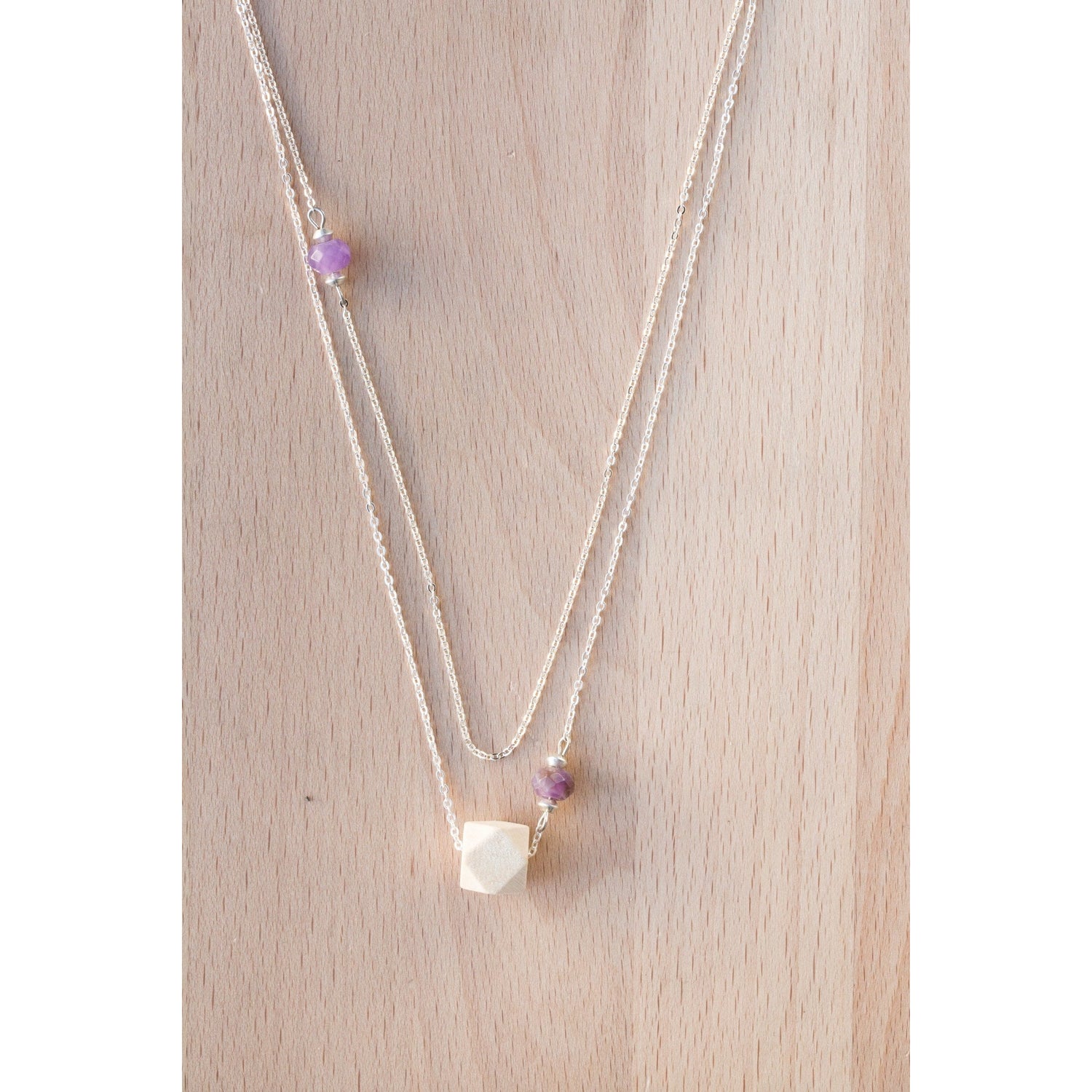 Layered Wood and Double Gemstone on Silver Chain - Tittup Unique Aromatherapy & Jewellery