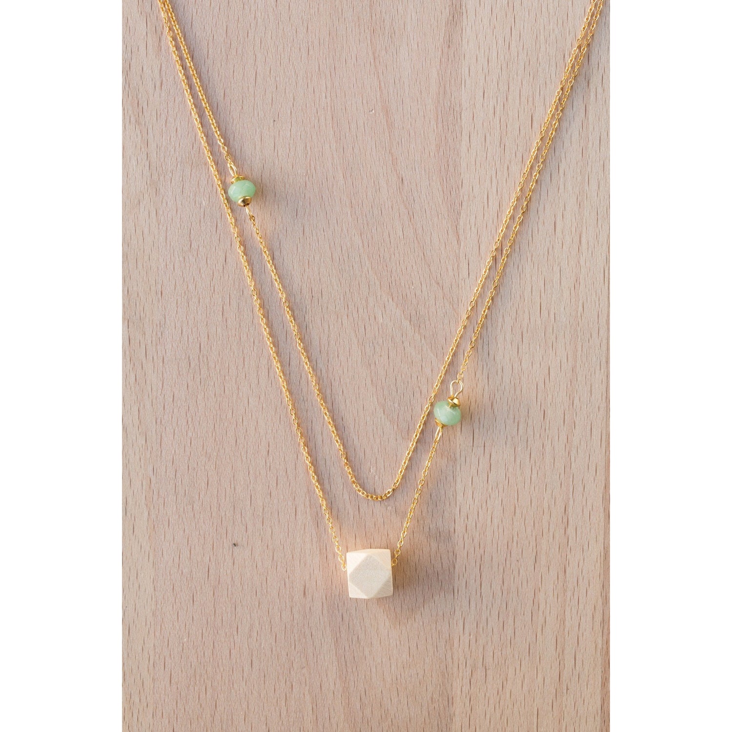 Layered Wood and Double Gemstones on Gold Chain - Tittup Unique Aromatherapy & Jewellery