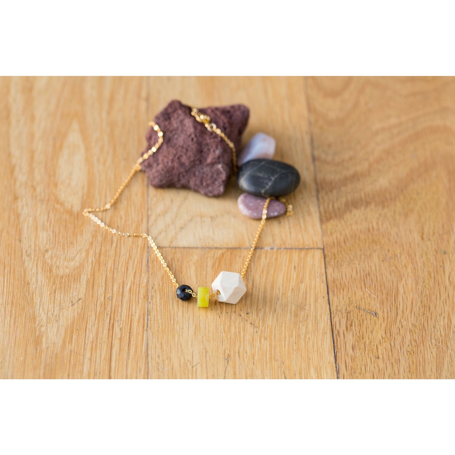 Wood, Flat Gemstone Bead & Black Onyx on Silver Chain - Tittup Unique Aromatherapy & Jewellery