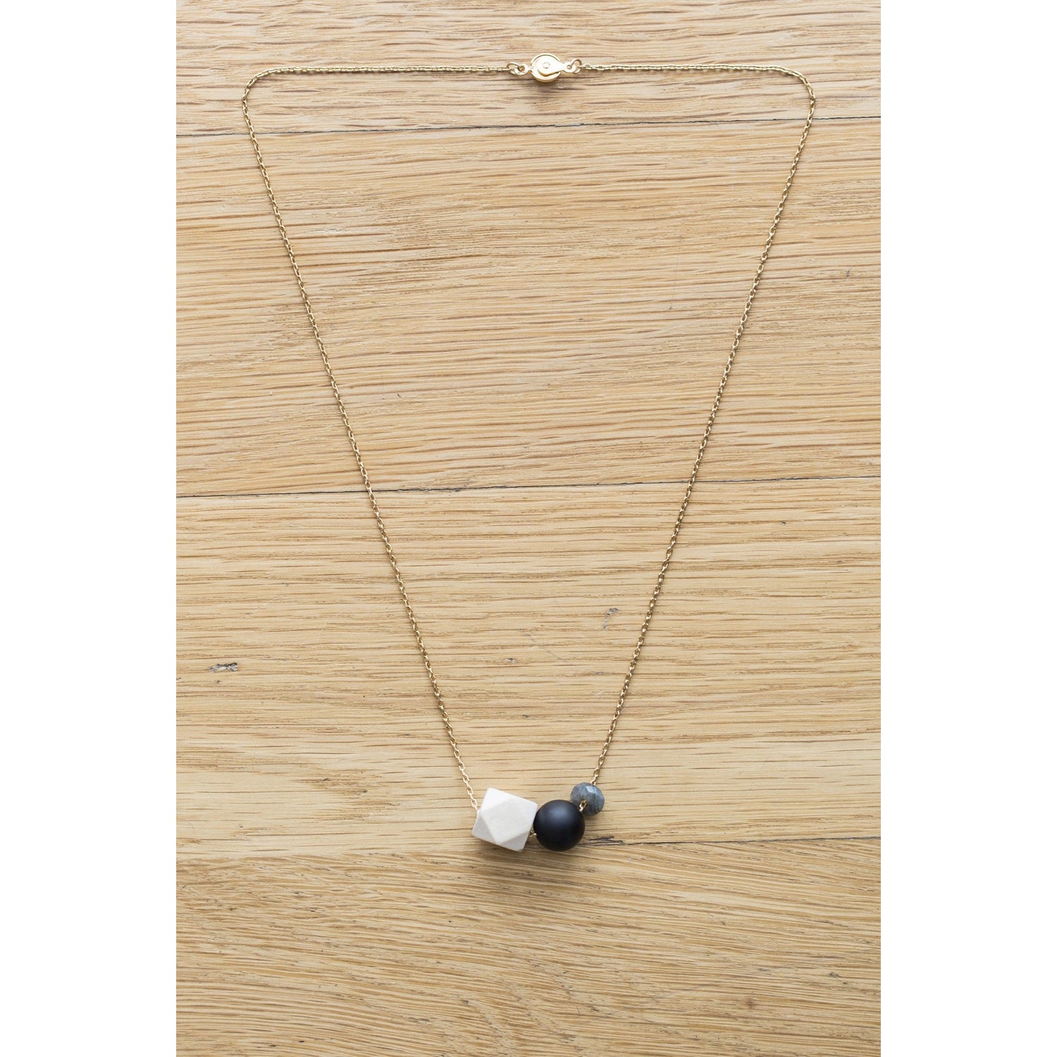 Wood, Black Agate and Gemstone Bead on Gold Chain - Tittup Unique Aromatherapy & Jewellery