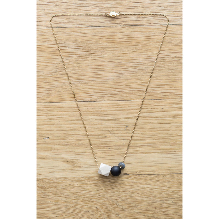 Wood, Black Agate and Gemstone Bead on Gold Chain