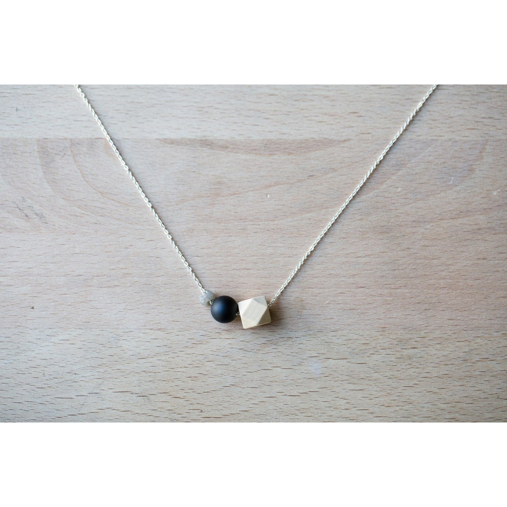 Wood, Black Agate and Gemstone Bead on Silver Chain - Tittup Unique Aromatherapy & Jewellery