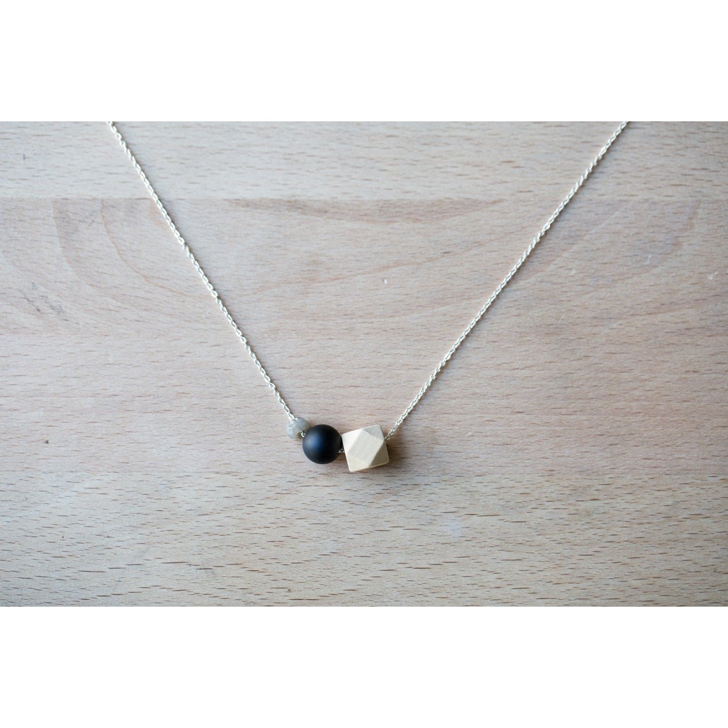 Wood, Black Agate and Gemstone Bead on Silver Chain - Tittup Unique Aromatherapy & Jewellery