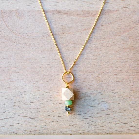 Wood, Druzy Pyrite & Gemstone Pendant on Gold Chain - Tittup Unique Aromatherapy & Jewellery