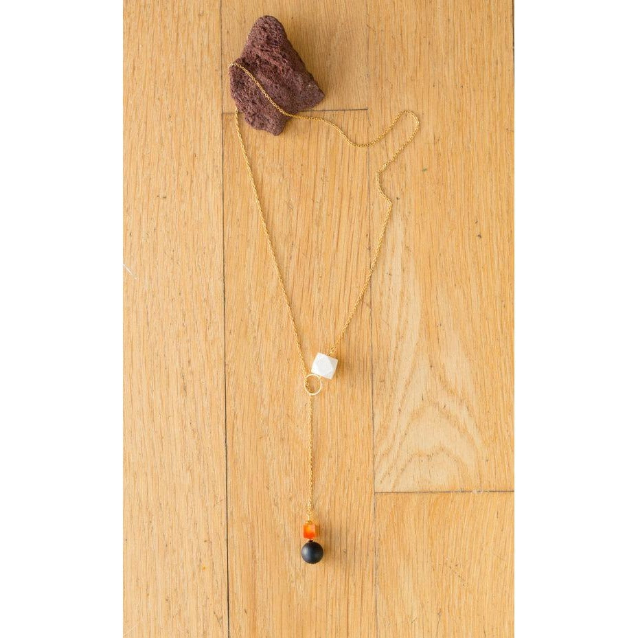 Wood, Black Agate and Carnelian Lariat Drop on Gold Chain - Tittup Unique Aromatherapy & Jewellery