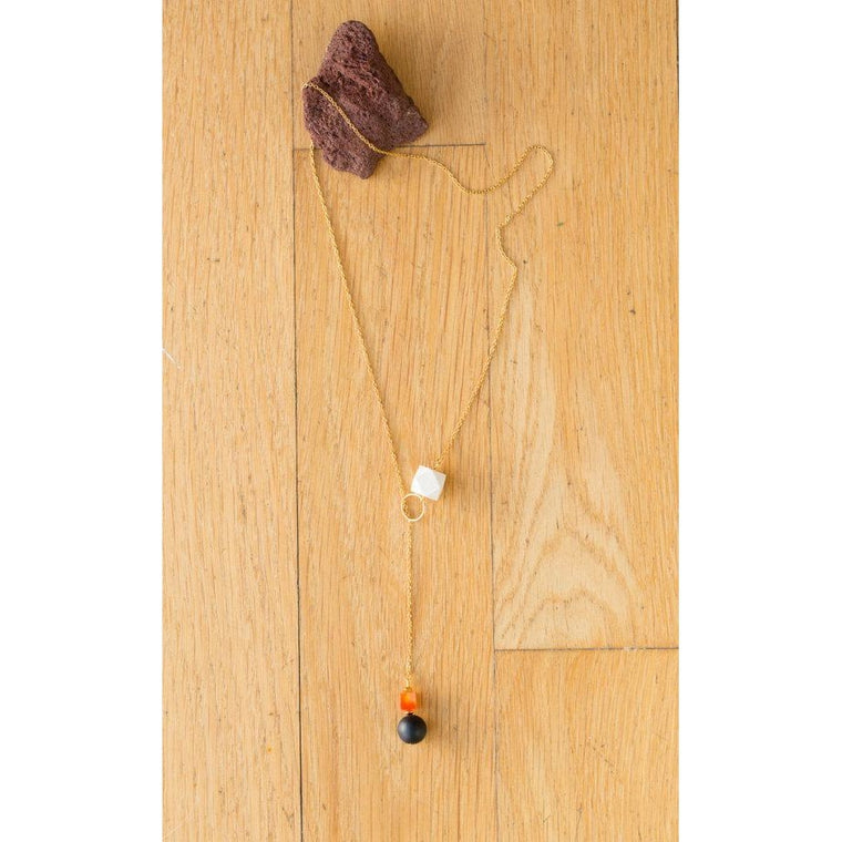 Wood, Black Agate and Carnelian Lariat Drop on Gold Chain