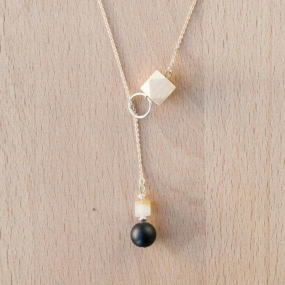 Wood, Black Agate and Carnelian Lariat Drop on Silver Chain - Tittup Unique Aromatherapy & Jewellery